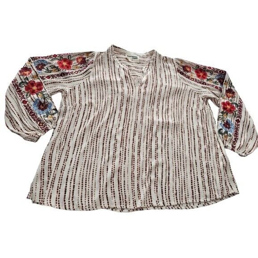 Savanna Jane Women's Tan White Embroidered Floral Boho Long Sleeve Shirt Plus 1X
